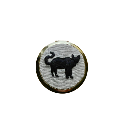 Black Cat Hand Embroidered Compact Mirror